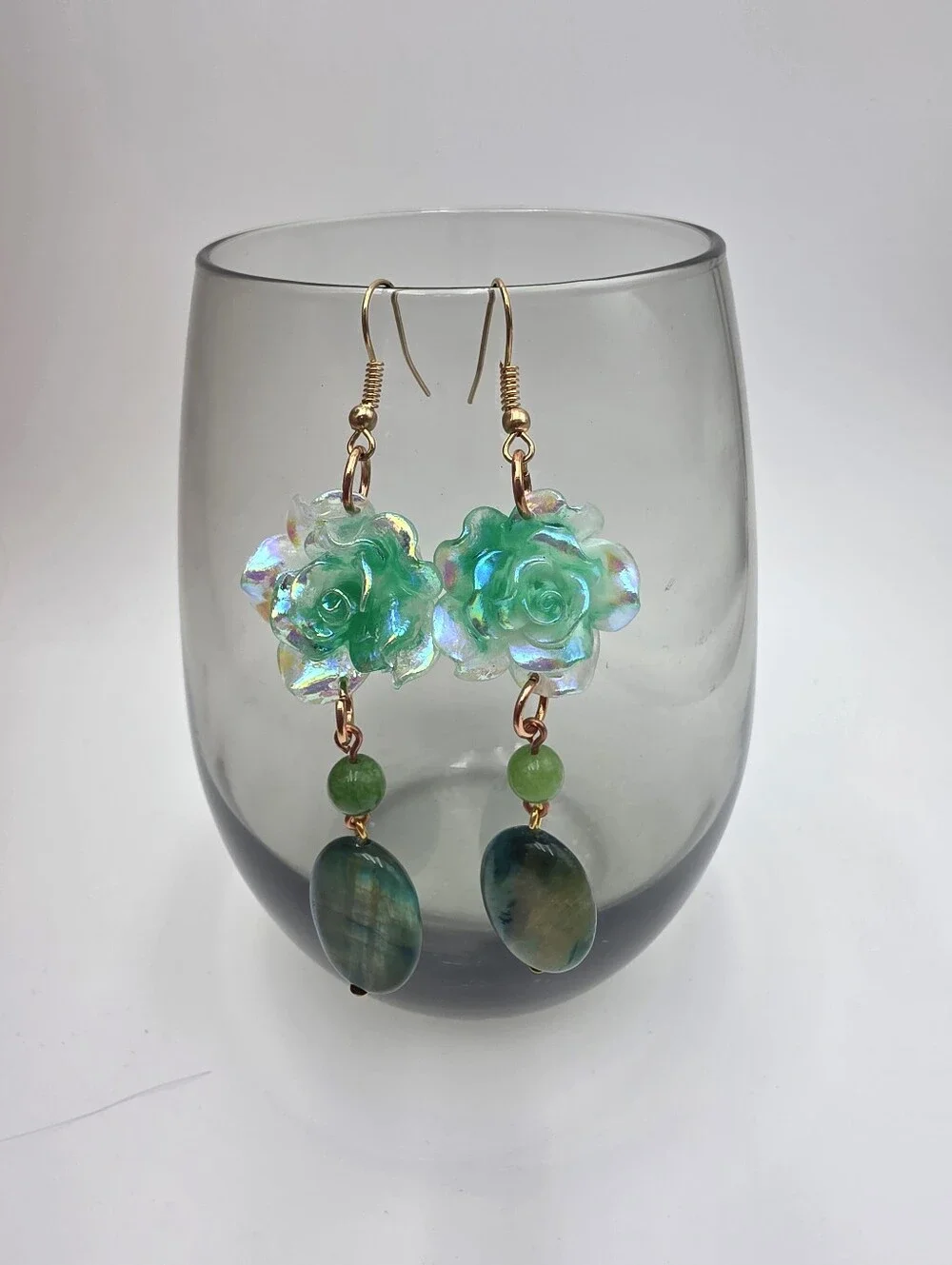 Handmade Iridescent Green Flower Drop Earrings with Green Jasper Stone - Picture 4 of 5